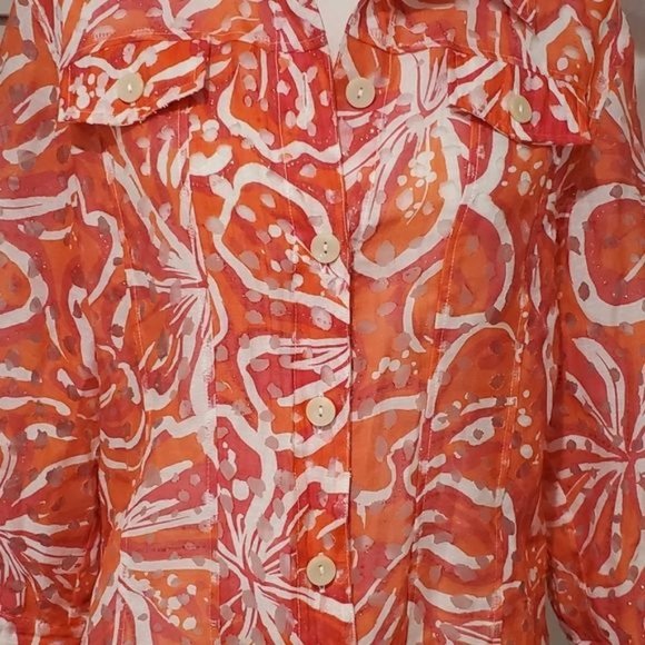 Linear Tropical Print Top Button Down Long Sleeve Sheer Blazer Size Md - Picture 4 of 9